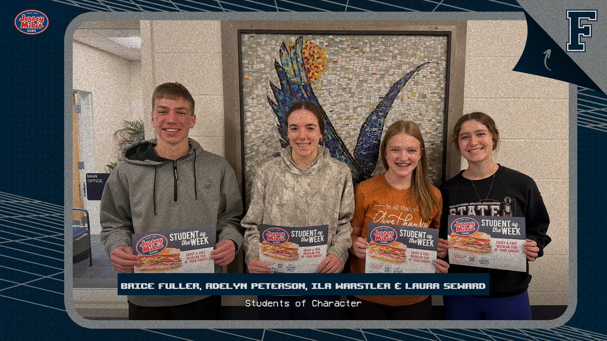 AthleticFalcons's tweet photo. Shoutout to Brice Fuller, Adelyn Peterson, Ila Warstler and Laura Seward for being named our 
@JerseyMikes
 Students of the Week! #GoFalconsGo #FalconsLead #ASubAbove https://t.co/ipYlu3KULJ