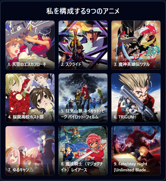 kinooon's tweet photo. 新しいの狂気山脈のみって…
#私を構成する9つのアニメ
1. 天空のエスカフローネ
2. スクライド
3. 魔神英雄伝ワタル
4. 桜蘭高校ホスト部
5. 狂気山脈 ネイキッド・ピーク パイロット・フィルム
6. TRIGUN
7. ゆるキャン△
8. 魔法騎士レイアース
9. Fate/stay night [UBW]
https://t.co/Hf6v4XtDJ2 https://t.co/M7VlcG73UV
