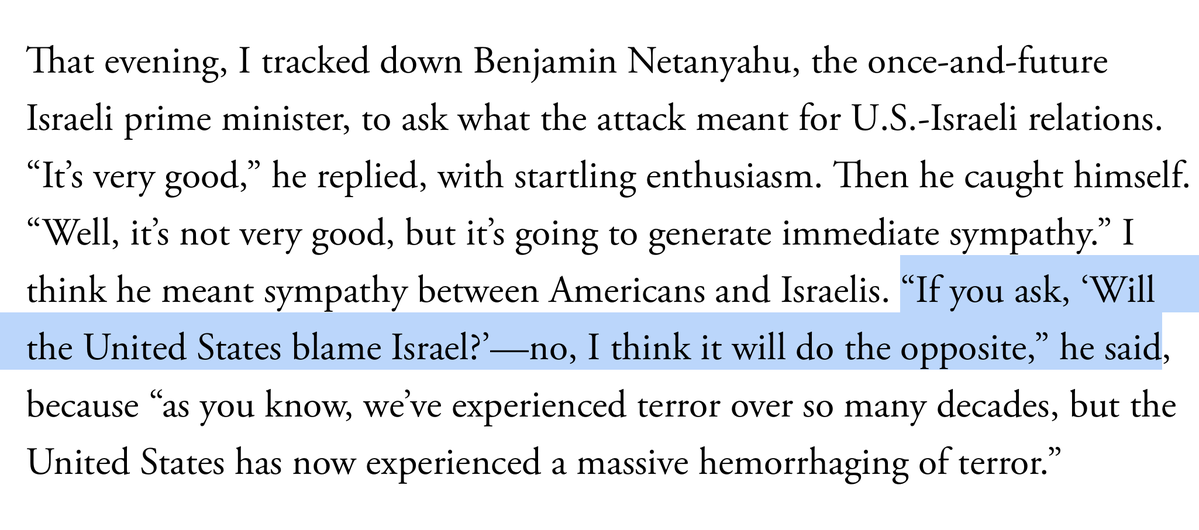 On the evening of 9/11, Netanyahu mused to the NYT about whether Americans would blame Israel for what happened. (Netanyahu knew US support motivated al Qaeda.) You have to wonder how concerned he is now. 

The NYT didn't print this, tho — the reporter revealed it 10 years later.