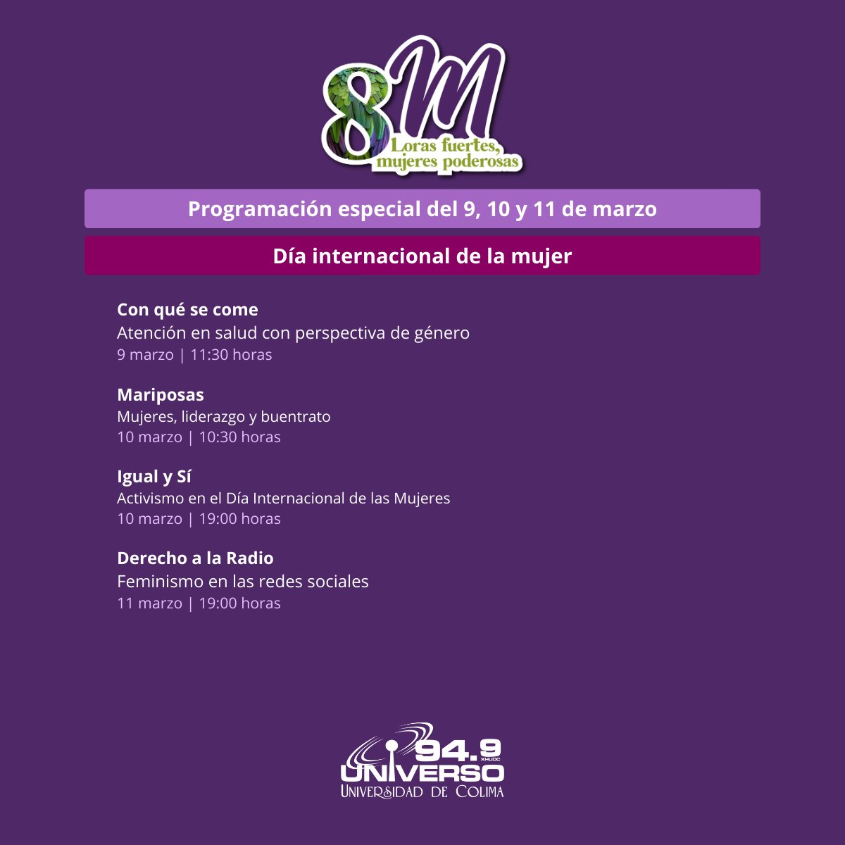 💜 Universo 94.9 se suma a la reflexión por los derechos y la justicia de todas las mujeres 💜

Compartimos el contenido que podrás disfrutar en la frecuencia #Universo949, en el marco del Día Internacional de la Mujer. 

 #8M
#LorasFuertes
#MujeresPoderosas
#ArmoníaEnElTiempo
