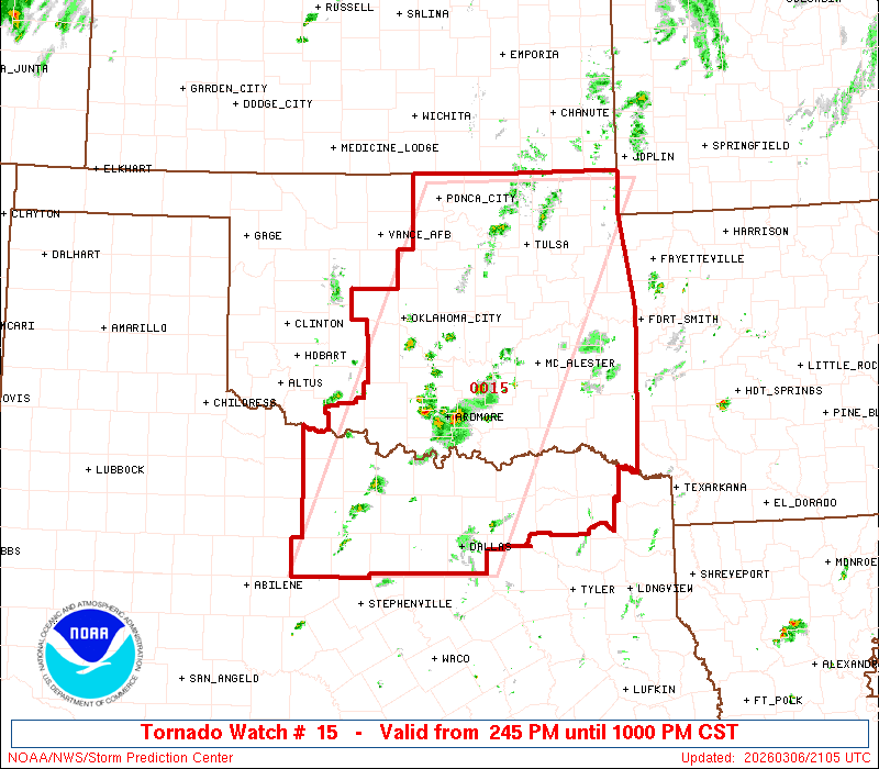 MooreEOC's tweet photo. Fri 3/6: Tornado Watch issued including Moore. Primary threats include...a few tornadoes/couple of intense tornadoes; scattered large hail to 2.5 inches; scattered  wind gusts to 70 mph. Severe thunderstorms including supercells expected to develop mid/late afternoon https://t.co/UBpaOdxqwv