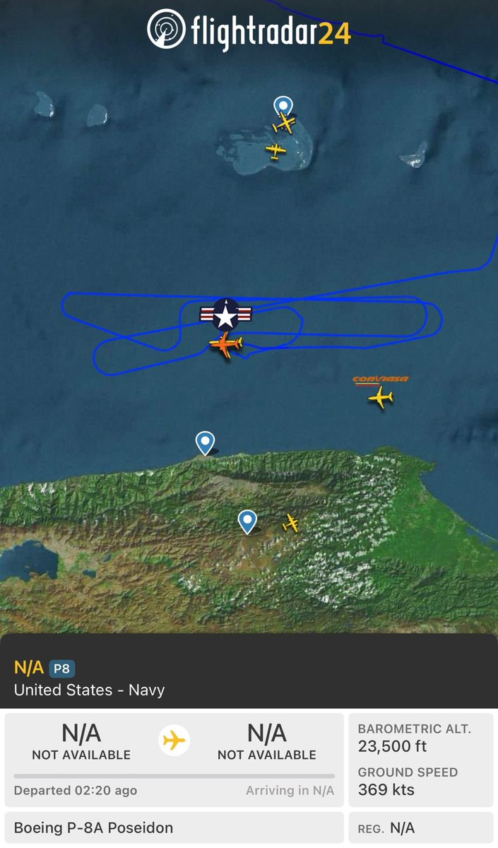 AndrewsAbreu's tweet photo. #ENDESARROLLO 05:00pm Despliegue aéreo por parte de la US Navy y Fuerza Aérea de EEUU frente a Maiquetia con aviones tanqueros Pegasus y KC-46A así como también un P-8A Poseidon o alguna aeronave camuflada. https://t.co/nA8wXUNrsc