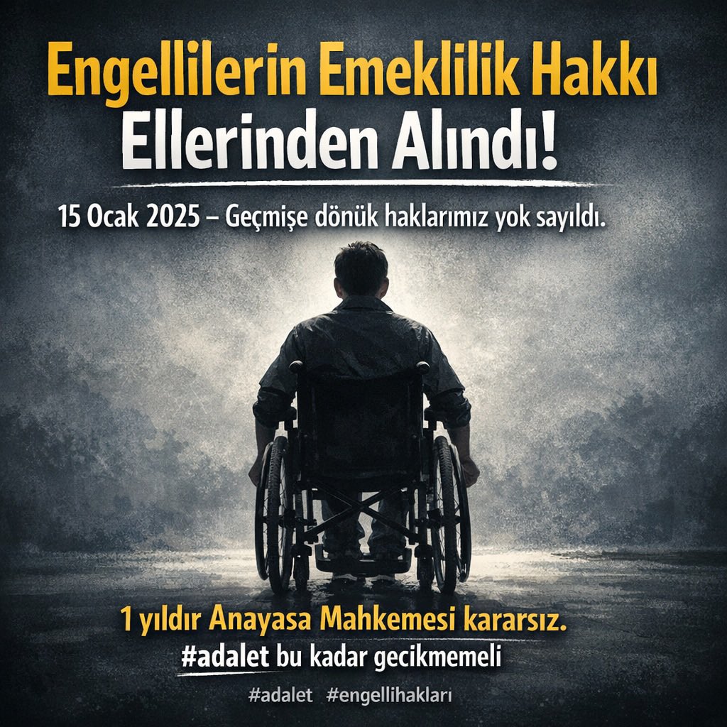 <a href="/araptheo/">Cem</a> 2008 öncesi çalışan engellilerin vergi indiriminden emeklilik hakkı kazanılmış bir haktır.
Bu hakkın geri verilmesini istiyoruz.
Engelliler adalet bekliyor.
#VergiİndirimiHaktır
#EngelliyeEmeklilikHaktır
#EhatDer 
<a href="/AYMBASKANLIGI/">Anayasa Mahkemesi</a>