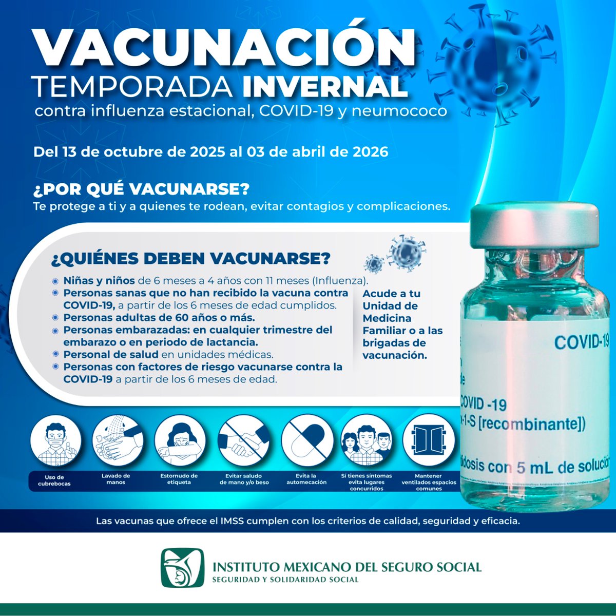 #Entérate ❄ ¡Vacunación Invernal!
💉 Desde el 13 de octubre de 2025 hasta el 03 de abril de 2026, aprovecha para ir a vacunarte contra la influencia estacional, el COVID-19 y el neumococo, protégete a ti y a los que te rodean.
