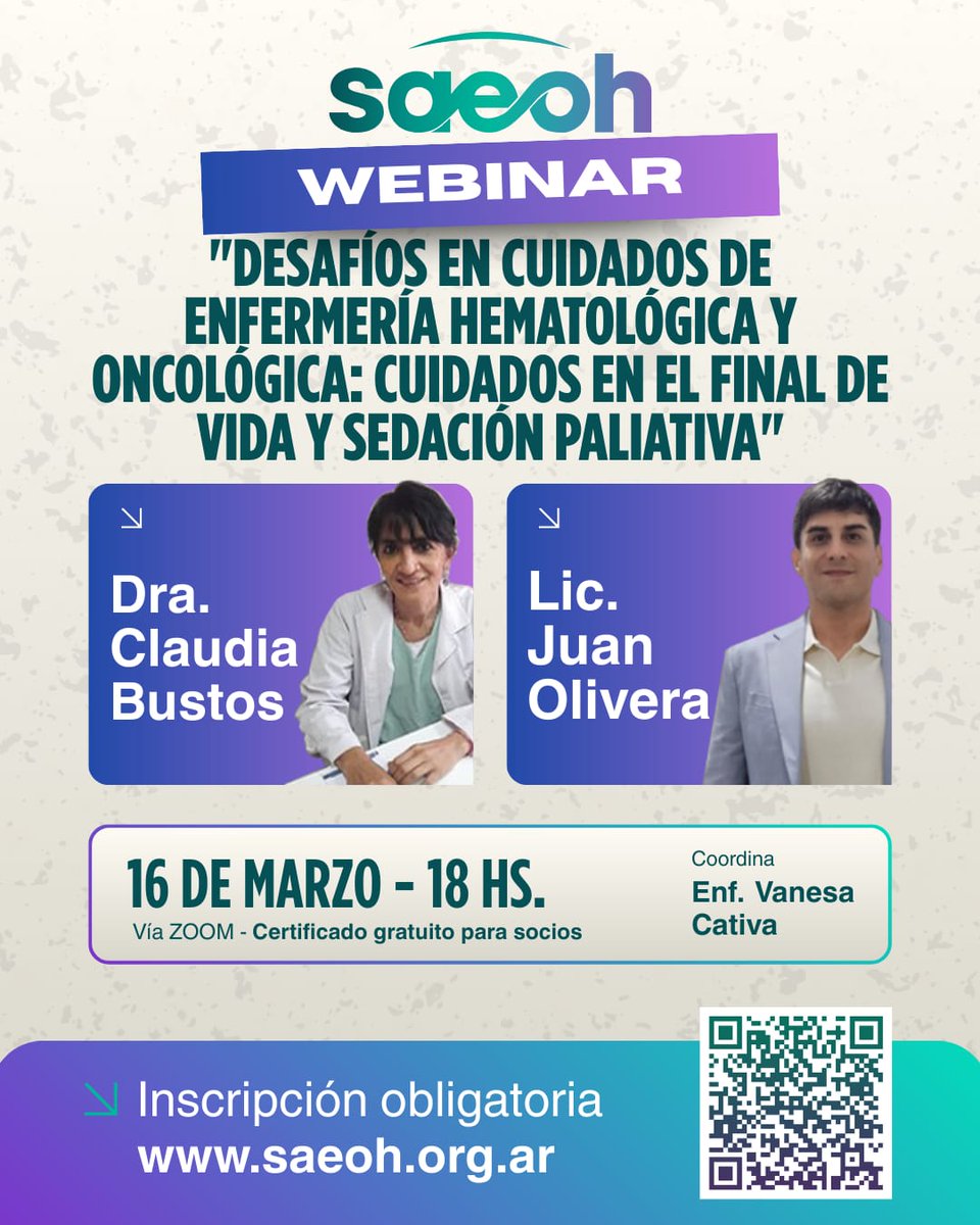 SaeohArg's tweet photo. ¡🌟 No te pierdas nuestro proximo webinar! 🌟

🗓 Fecha: 16 de marzo  
🕕 Hora: 18 hs 

Tema:"Desafíos en cuidados de enfermería hematológica y oncológica: cuidados en el final de vida y sedación paliativa"  

✅ Inscripción obligatoria:https://t.co/3y8FOScYst

🎓 https://t.co/qKVeo7APz9