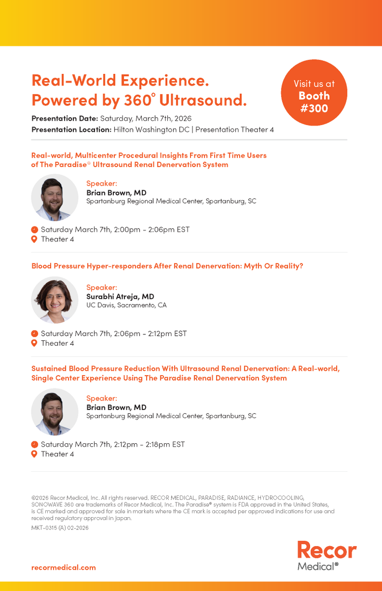 RecorMedical's tweet photo. Join us at CRT | Washington, DC | March 7–10  
Experience the power of 360° ultrasound in real-world practice.  From first-time user procedural insights to hyper-responder analysis and sustained BP outcomes, our scientific sessions highlight how Paradise® Ultrasound RDN delivers durable clinical performance. 
📍Don’t miss our Case-in-a-Box and abstract presentations. View the full schedule in the attached invitation and add these sessions to your CRT calendar.  
We look forward to seeing you in DC.  
Prescription only. Results may vary. Important Safety Information: https://t.co/RQE3vnYwlh