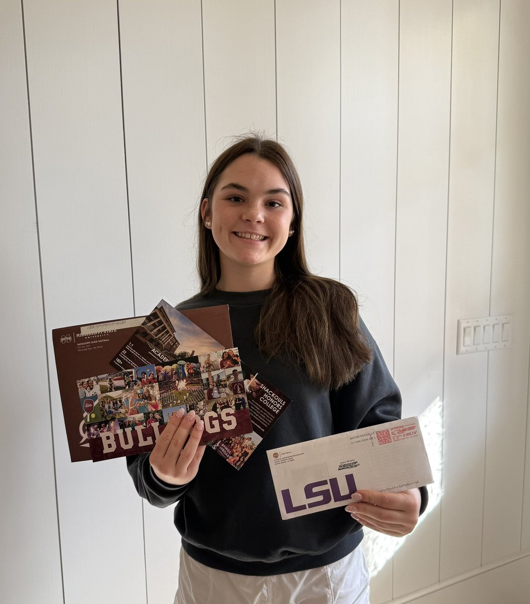 Great day in the mail box today with <a href="/HailStateSB/">Mississippi State Softball</a> and <a href="/LSUsoftball/">LSU Softball</a>!! Thank you coaches for thinking of me, can’t wait to make it out to a camp! 

<a href="/BethTorina/">Beth Torina</a> <a href="/CoachNealPT/">Bryce Neal</a> <a href="/zjermain_15/">Zach Jermain</a> <a href="/lsu_dailynews/">DAILY LSU NEWS + LSU Softball Report</a> <a href="/Tpleasants17/">Taylor Pleasants</a> 

<a href="/Coach_Ricketts/">Samantha Ricketts</a> <a href="/CoachZacShaw/">Zac Shaw</a> <a href="/tarynemckinney/">Taryne Mowatt-McKinney</a>