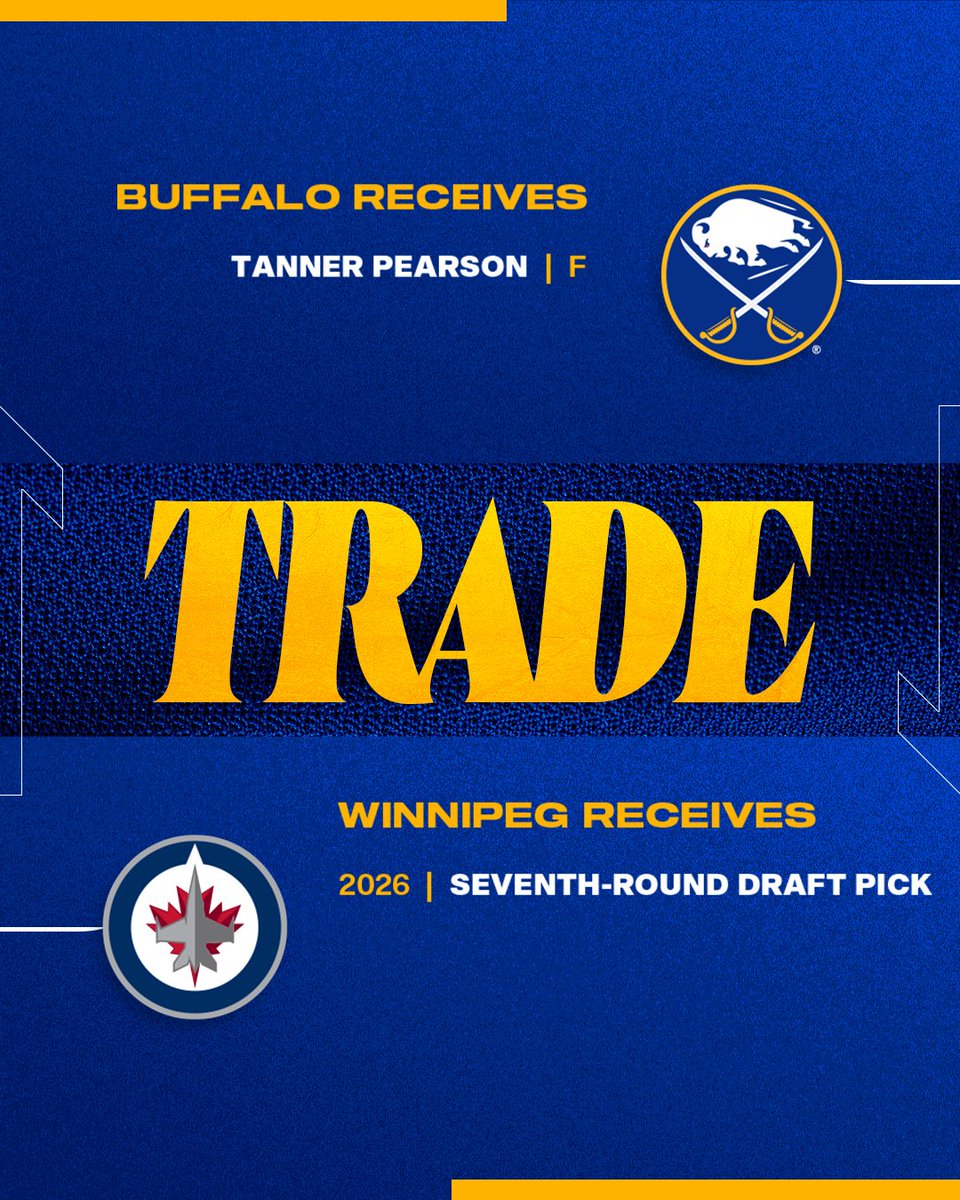 BuffaloSabres's tweet image. We have acquired Tanner Pearson from the @NHLJets in exchange for a seventh-round pick in the 2026 NHL Draft.

Details → bufsabres.co/4lh85hZ