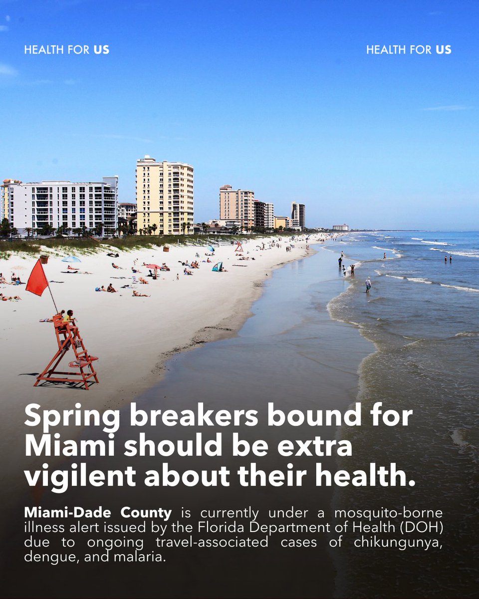 Healthfor_US's tweet photo. Spring breakers in Miami this year need to pack the sunscreen AND the bug spray. Miami-Dade County is currently under a triple mosquito-borne illness alert: dengue, chikungunya, and malaria have all seen cases in the area, with the situation being monitored by the Florida Department of Health.

The border between global health and local health is blurred in a world of increased travel. Addressing these diseases in the countries in which they’re endemic will help keep Floridians safe. #FightTheBite