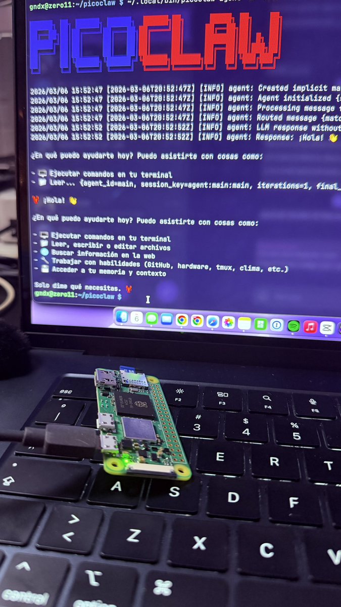 gndx's tweet image. Raspberry Pi Zero 2 W corriendo PicoClaw 🦞🤖🚀

Está parte de mi vida se llama felicidad 🤣