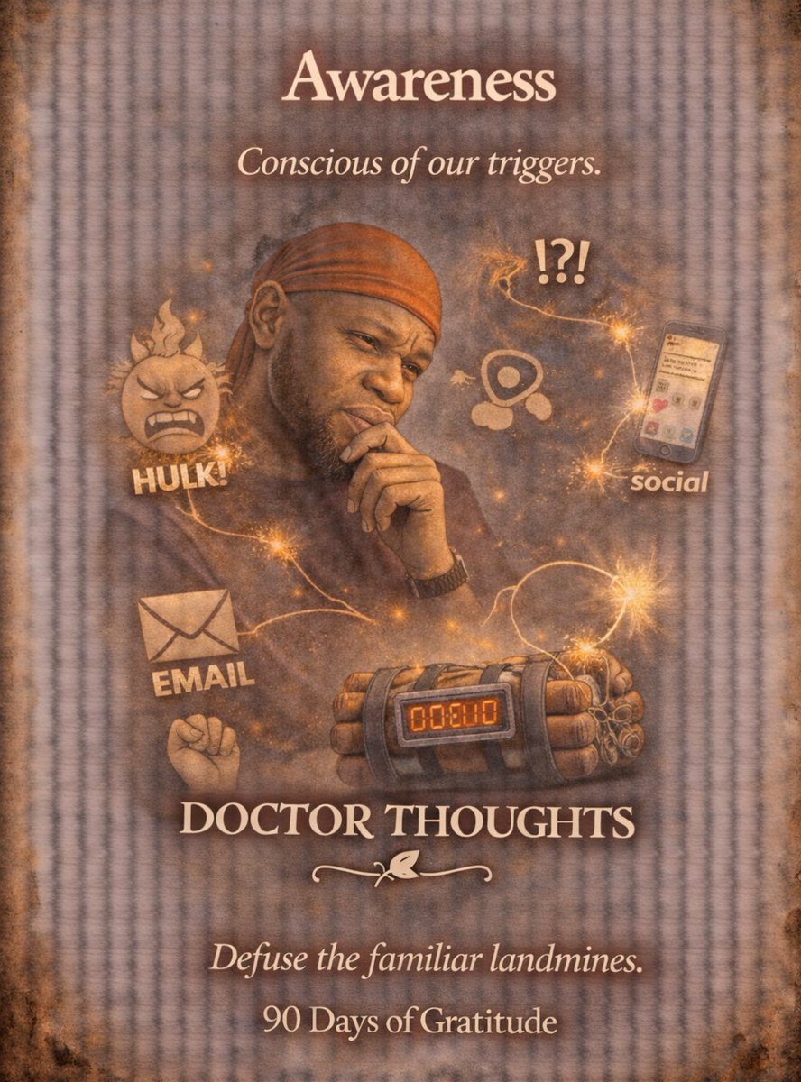 doctorthoughtss's tweet photo. Day 52 
Today I’m grateful for awareness 
Of triggers . 
Causes in awareness, we can truly avoid .

Carpe Diem 
90 days of gratitude 

✍️

Doctor thoughts https://t.co/eK6e7uRhV8