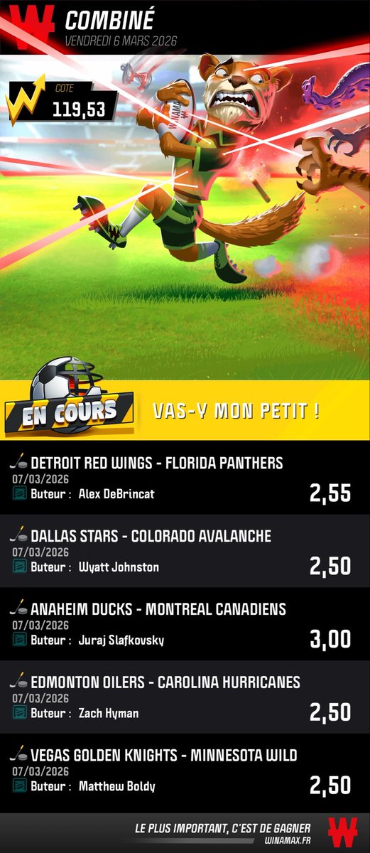 NEXENPRONOS's tweet photo. 🏒⚡️ NHL TIME 

🎯 Points @ 3,65

🎯 Buteurs 1 @ 146 (Système 3/5 possible) 
https://t.co/cTZCzUutJP

🎯 Buteurs 2 @ 119
https://t.co/SuSkmTYE0q

🎯 Décisif @ 91 
https://t.co/r68IAjRT55

GL 👋🏼 https://t.co/zrV52LCQbX