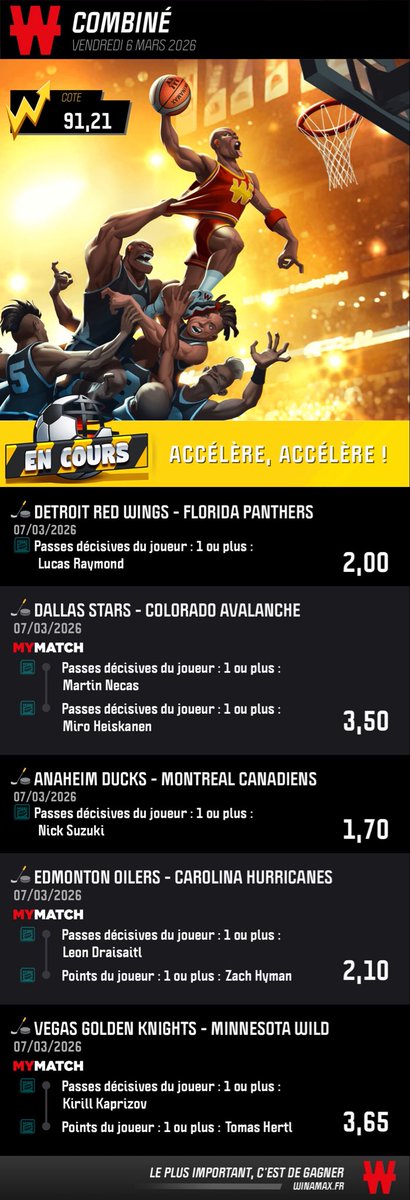 NEXENPRONOS's tweet photo. 🏒⚡️ NHL TIME 

🎯 Points @ 3,65

🎯 Buteurs 1 @ 146 (Système 3/5 possible) 
https://t.co/cTZCzUutJP

🎯 Buteurs 2 @ 119
https://t.co/SuSkmTYE0q

🎯 Décisif @ 91 
https://t.co/r68IAjRT55

GL 👋🏼 https://t.co/zrV52LCQbX