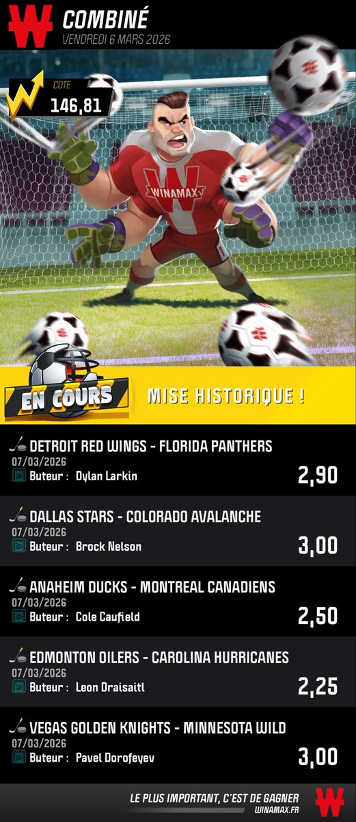 NEXENPRONOS's tweet photo. 🏒⚡️ NHL TIME 

🎯 Points @ 3,65

🎯 Buteurs 1 @ 146 (Système 3/5 possible) 
https://t.co/cTZCzUutJP

🎯 Buteurs 2 @ 119
https://t.co/SuSkmTYE0q

🎯 Décisif @ 91 
https://t.co/r68IAjRT55

GL 👋🏼 https://t.co/zrV52LCQbX