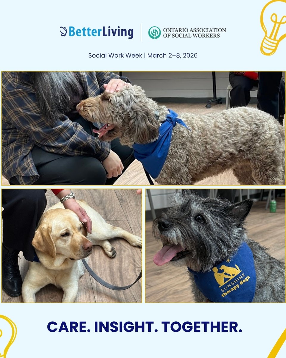 Social Work Week 2026 at Better Living included a special Therapy Dog Drop In to help us pause, connect, and celebrate together.

Thank you to everyone who joined us and helped recognize the compassion and care our SWs and SSWs bring every day.

@sunshinetherapydogs