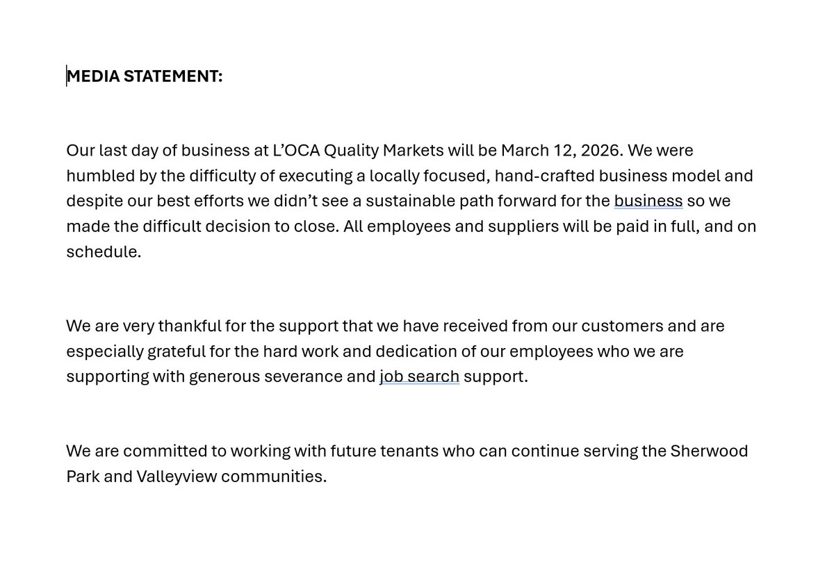 CarlyDRobinson's tweet image. L'OCA Quality Markets will close next Thursday. 

In a statement to @CityNewsYEG,  they point to the "difficulty of executing a locally focused, hand-crafted business model." 

The Edmonton and Sherwood Park locations both opened in the last two years.