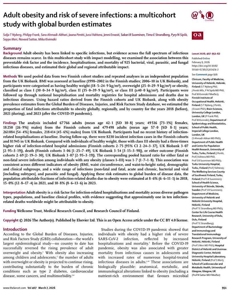 La Obesidad se asocia a mayor riesgo de Infecciones Graves por Virus, Bacterias, Hongos y Parásitos, que requieren hospitalización y se asocia a mayor mortalidad…

Estudio de más de 60,000 personas 

doi.org/10.1016/