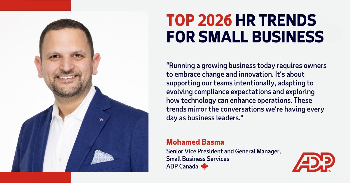 SamDirracolo's tweet photo. In 2026, small businesses are prioritizing employee well-being and setting new standards. Mohamed Basma from #ADPCanada says focusing on team growth and compliance will be key to building trust and credibility throughout the year: https://t.co/mFJOtDYnMT https://t.co/maGedmyRsD