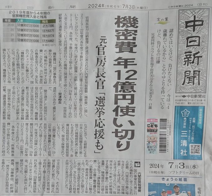 中日新聞も取り上げました。地方紙の方が優秀だ。

高市内閣、衆院解散直前に機密費1億9500万円支出が発覚というけれど、昔からやっててそう珍しいものではない。国民が気が付かない、忘れてくれる。

だから自民党は継続して選挙を盗んでいるだけ。