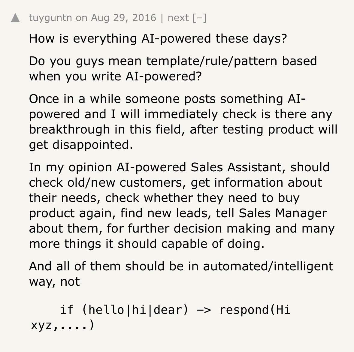 teagarwal's tweet photo. Found this comment from 2016 on HN. 

Amazing how far we’ve come and every single thing on that list is possible today. Technology and progress is off the charts, what a time! https://t.co/npUsYXwaOE