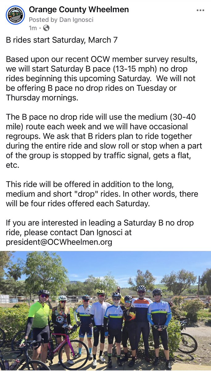 OCWheelmen's tweet photo. Join OCW for our newly formed, Saturday no drop B rides… https://t.co/QVLvPFYvYp