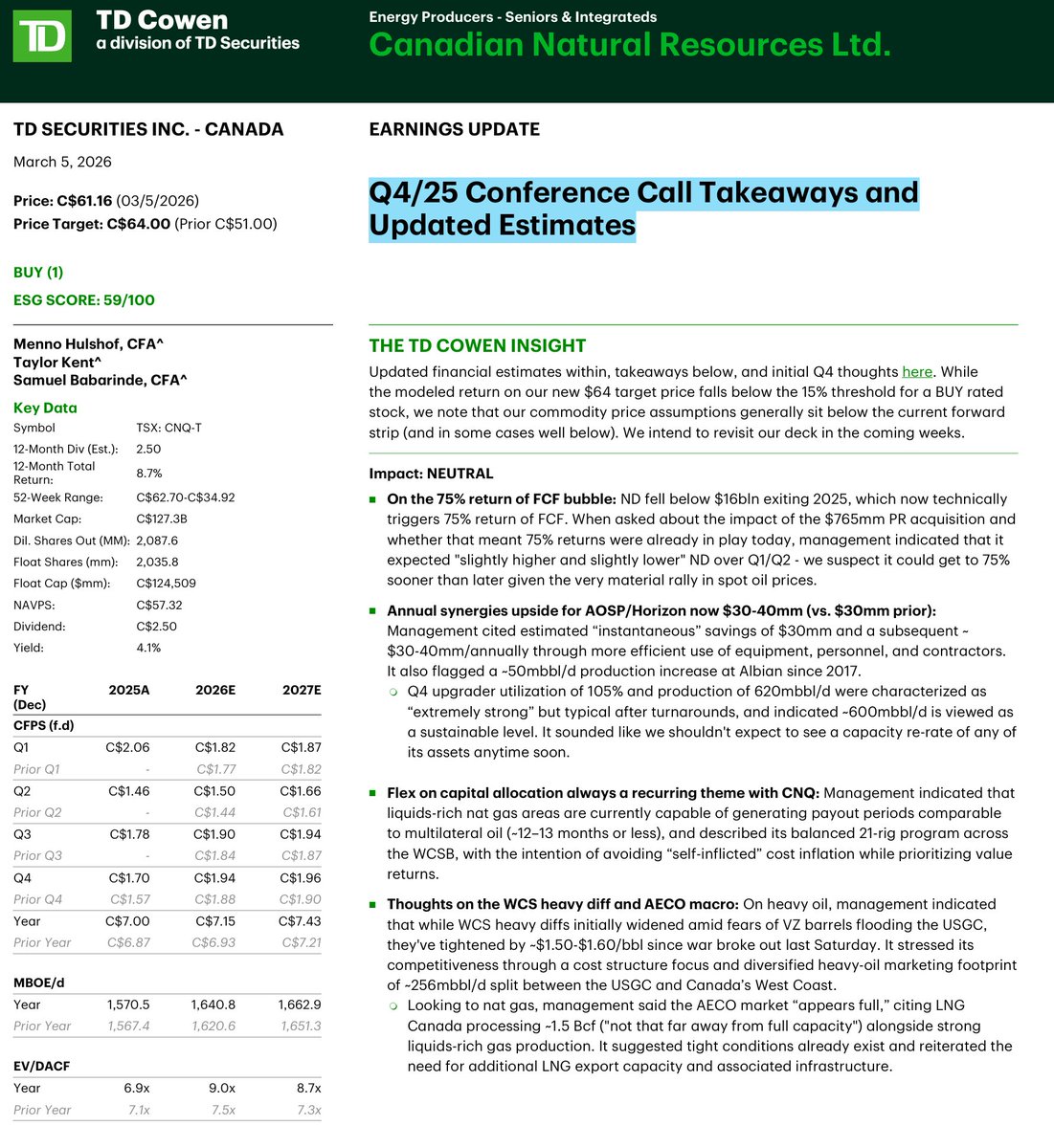 Canadian Natural Resources' 4Q25
NBF: "Strong Finish to the Year with Accelerating Shareholder Returns"
DJ: "4Q25 first take—Jack be nimble, Jack be quick, Jack jump over the regulatory stick"
TD: "Q4/25 Conference Call Takeaways and Updated Estimates"
1/3 #COM #OOTT $CNQ.TO $CNQ