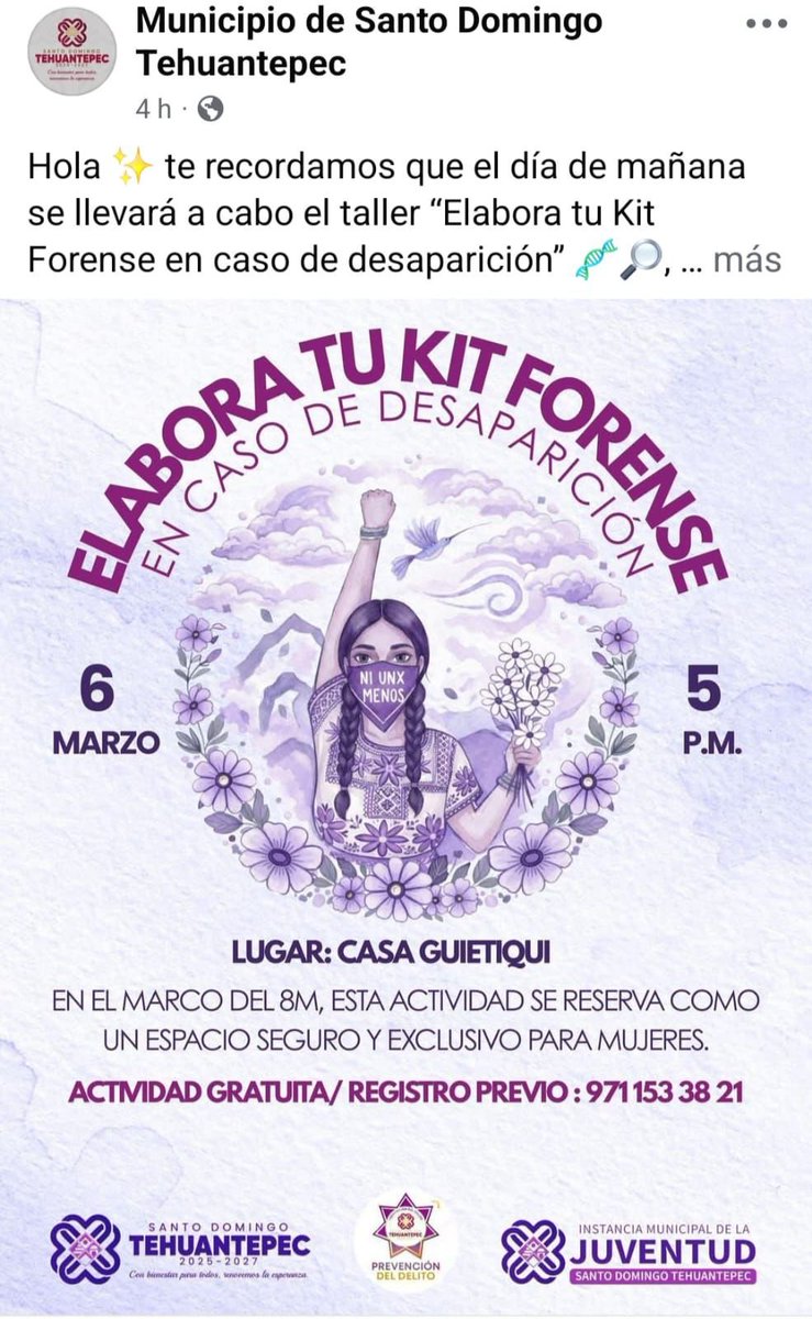 Cuando un gobierno organiza talleres para "elaborar tu kit forense en caso de desaparición", lo que está haciendo es normalizar que las mujeres deben prepararse para desaparecer.

No es prevención.
Es la admisión del fracaso del Estado. 🚨