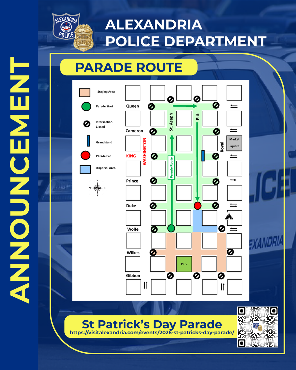 AlexandriaVAPD's tweet photo. Road closures begin Saturday, March 7 at 7:15 a.m. in Old Town for the St. Patrick’s Day Parade. Roads reopen when safe (approx. 3:30 p.m.). Please plan ahead and allow extra travel time. #OneAlexandria #OneAPD https://t.co/TpcJCv5iNe