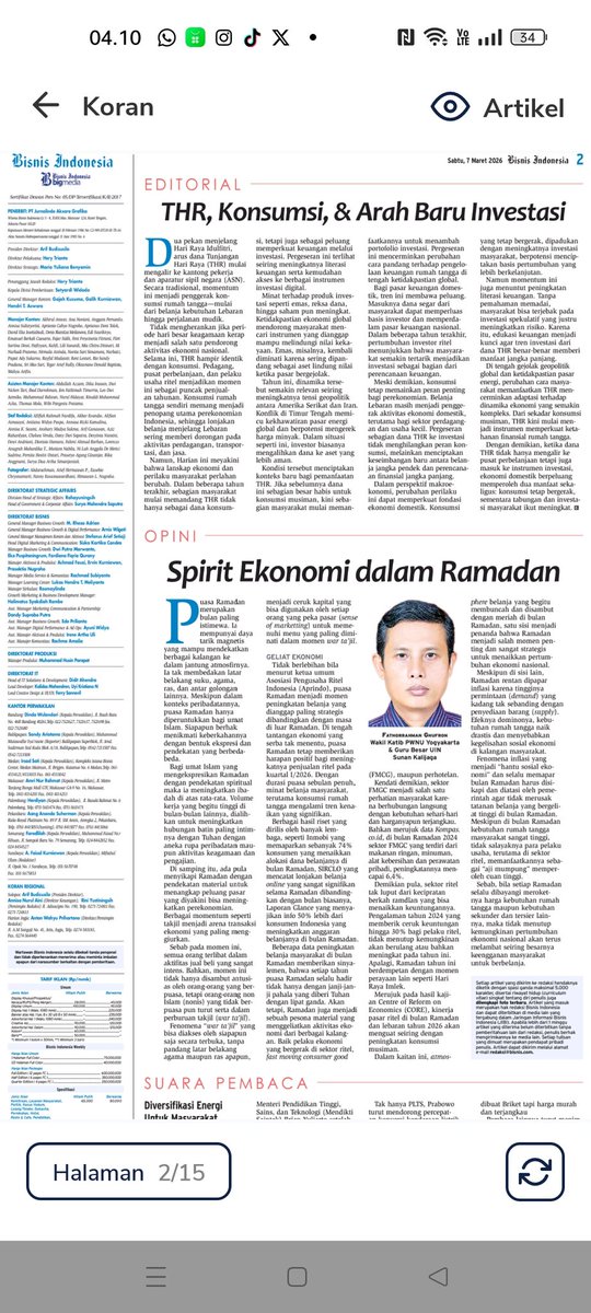 2000Fathur's tweet photo. Sisi lain bulan puasa Ramadlan dengan cara menjadi Homo Economicus Syar'i (Bisnis Indonesia, Sabtu, 7 Maret 2026) https://t.co/kybplbXOUN