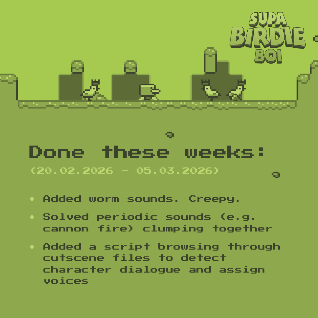 SupaBirdieBoi's tweet photo. Geese in cutscenes got their voices.
Underground nesting worms did too.
We balance out the "cheerful chirping" with "spooky clicking" noises.
.
.
.
.
.
.
CLICK CLICK ๐
#DoneThisWeek
#gamedev #pixelgame #indiegame #indiedev #gamedevelopment #indiegaming #indiedeveloper #devlog https://t.co/5JCY0xfy5e