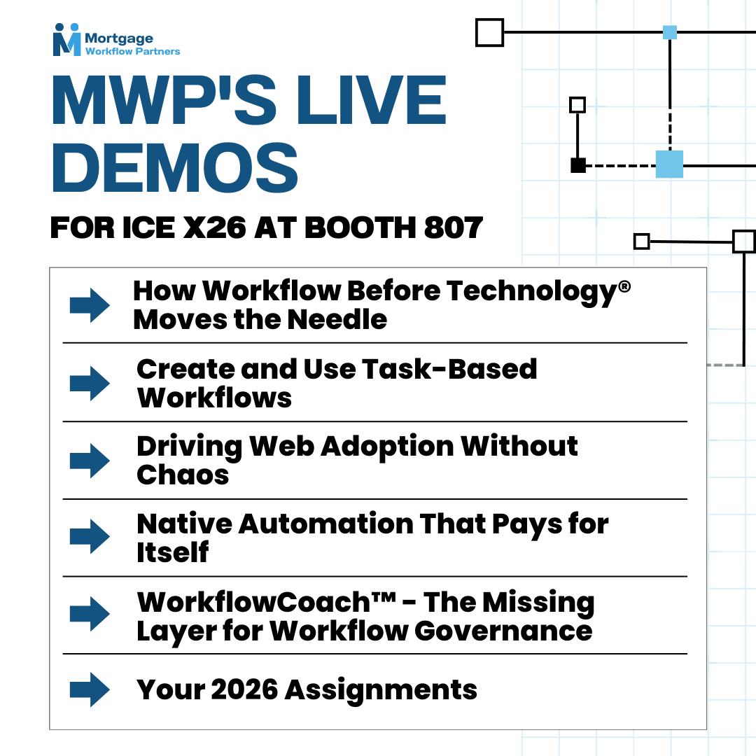 mwp_inc's tweet photo. We’ll be running live demos throughout ICE #X26 at Booth 807 featuring WorkflowCoach™, workflow best practices, and much more.

✅ Stop by the booth to see it live, or schedule time to meet with Larry Bailey at X26: https://t.co/mb7WPRZO8u

#mortgage #workflow https://t.co/NBiJ2P2McY