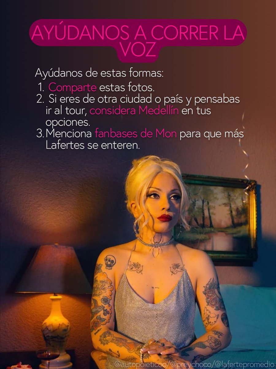 skzlaferte's tweet photo. 🚨LAFERTES LXS NECESITAMOS🚨

Mon Laferte vuelve a Medellín con su Femme Fatale Tour, pero mucha gente aún no sabe qué el concierto ya está a la venta. 

Si amas a Mon, ayúdanos a correr la voz.
Comparte estas fotos para que Medellín tenga su noche con la Femme Fatale 🎭👑. https://t.co/YuY2sxSfRa