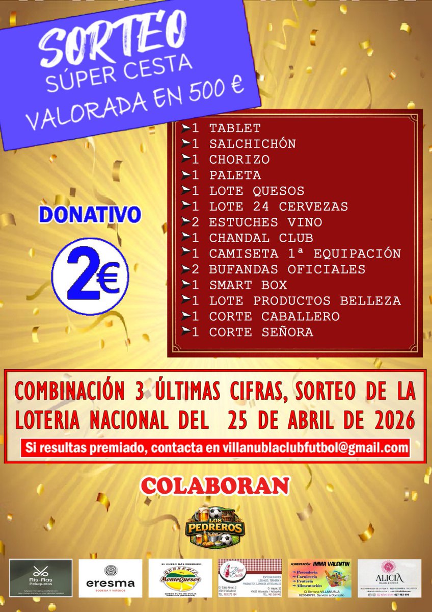 ¡¡𝕊𝕌ℙ𝔼ℝℂ𝔼𝕊𝕋𝔸!!

Pásate por 🅛🅞🅢 🅟🅔🅓🅡🅔🅡🅞🅢, anima a tus equipos y ya que estás... Pues coge una 🄿🄰🄿🄴🄻🄴🅃🄰, que por solo 2€ te puede tocar una 𝕊𝕌ℙ𝔼ℝℂ𝔼𝕊𝕋𝔸 valorada en 500€ 🤩🤩🤩