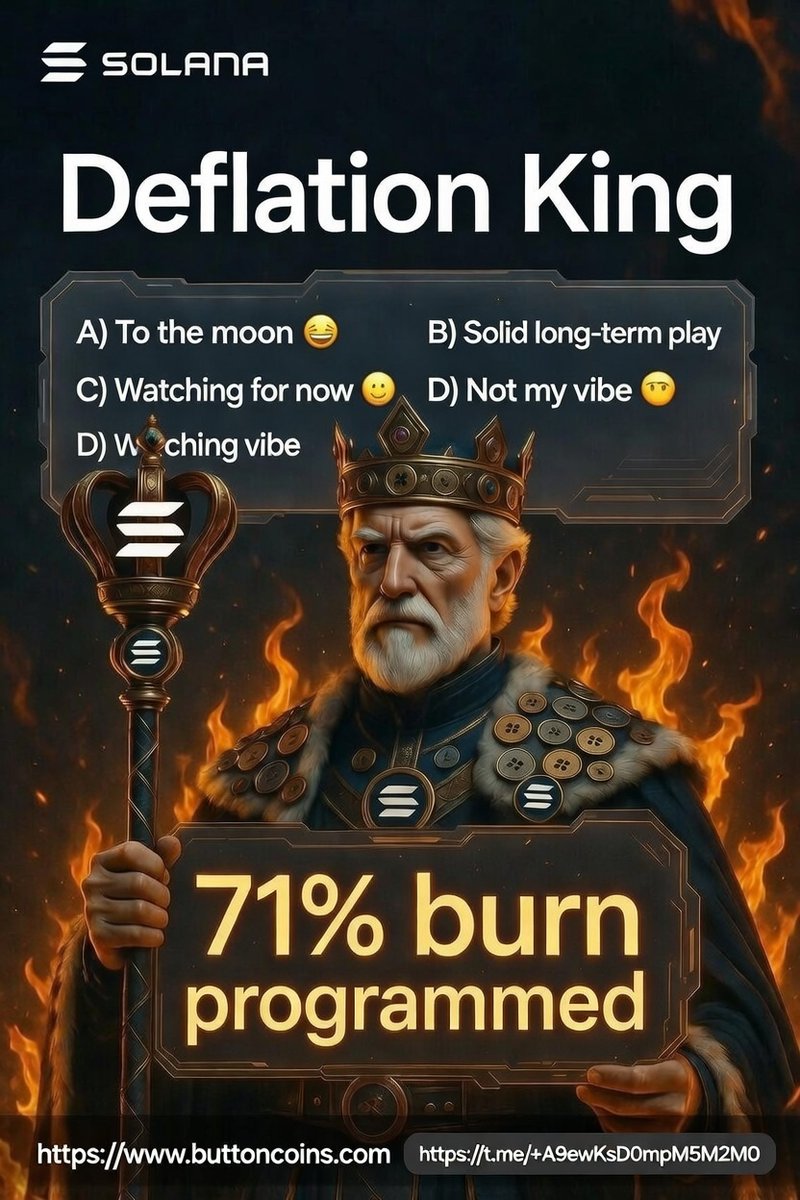 BUTTON  Solana's deflation king incoming?
 71% burn programmed | Community launch May 10. 
Site: buttoncoins.com 
TG: t.me/+A9ewKsD0mpM5M… 
Poll: How bullish are you on $BTN? A) To the moon 🌕 B) Solid long-term play 📈 C) Watching for now 👀 D) Not my vibe 😴 Vote &amp;