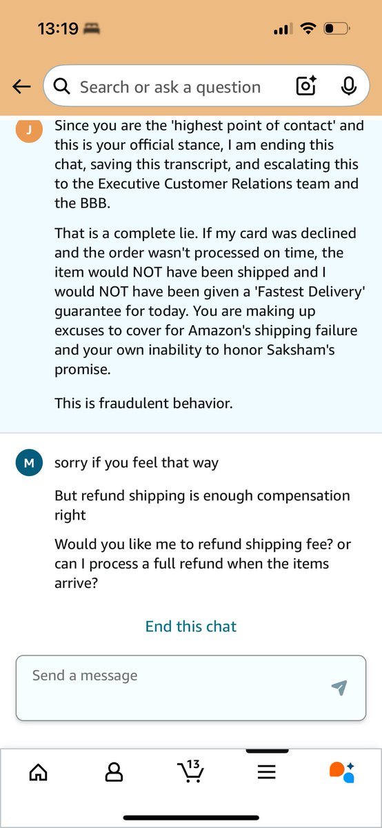 freezeblueberry's tweet photo. @AmazonHelp Your lovely supervisor lied about my payment, said shipping delay "not our fault", then hung up to dodge a refund. Still no $20 credit and no full refund mail. Is this your "12-year" leadership standard? #AmazonServiceFailure https://t.co/01gvZSyzU3