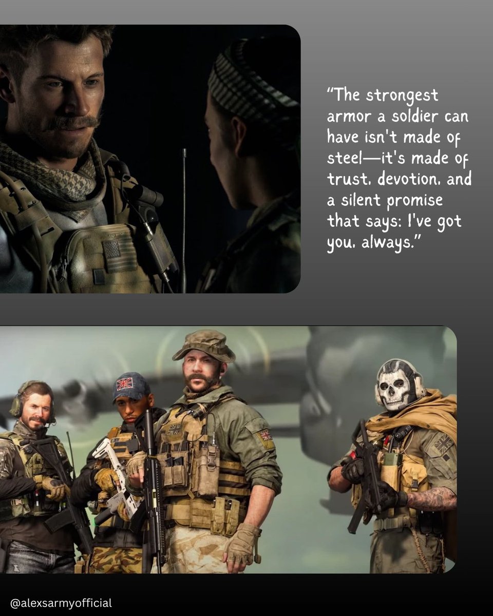 AlexsArmy31's tweet photo. "The strongest armor a soldier can have isn't made of steel-it's made of trust, devotion, and a silent promise that says: I've got you, always."
@CollinsChadM
#alexkeller #callofduty #echo31 #callofdutycommunity #alexkellercod #cod #chadmichaelcollins #alexkellerecho31 https://t.co/bt125zbpxa