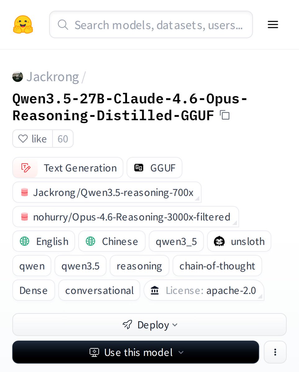 HuggingModels's tweet photo. Meet a reasoning powerhouse. This Qwen3.5-27B model is a distilled specialist, fine-tuned for advanced chain-of-thought reasoning. It's not just another text generator. It's built to think step-by-step like top reasoning models, and the community is downloading it like crazy for that exact purpose.