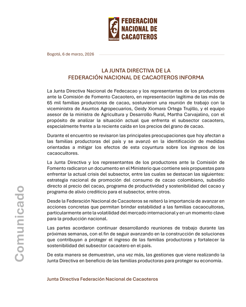 fedecacao's tweet photo. #importante Comunicado de  la Junta Directiva Nacional de Fedecacao, luego de reunión con el
@MinAgricultura https://t.co/yPlvqxFdyF