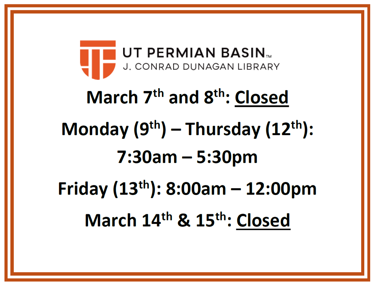 UTPBFALCONLIB's tweet photo. Hi Falcons!
Spring Break is here and so are we!
We're closed this weekend and next weekend!
Here are our hours for next week!
#UTPBLibrary #SpringBreak https://t.co/7WWKwgMZee