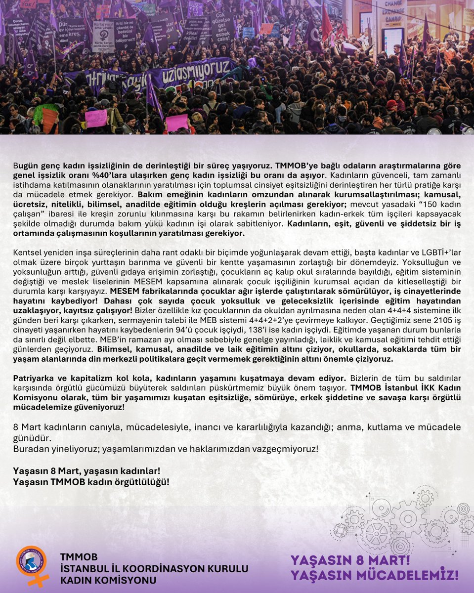 tmmob_kadin_ist's tweet photo. TMMOB'li kadınlar 8 Mart bildirisini yayınladı: "Tüm yaşamımızı kuşatan eşitsizliğe,sömürüye,erkek şiddetine ve savaşa karşı örgütlü mücadelemizle, BURADAYIZ! https://t.co/92NqGkdX1b