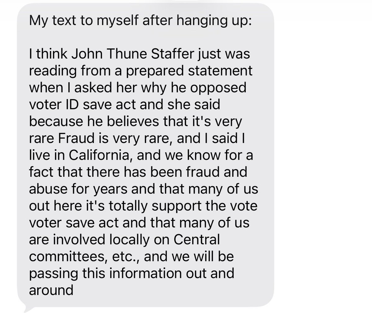 My friend’s mom called <a href="/LeaderJohnThune/">Leader John Thune</a>’s office today to tell them to pass the SAVE Act and a female staffer told her that he OPPOSES it because 

‘Voter fraud is very rare’ 

I couldn’t believe that’s what she was told so I called my friend’s mom directly to confirm that she