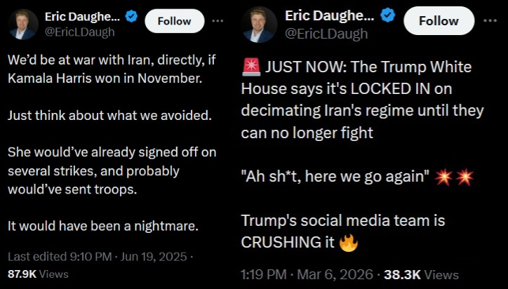 How do accounts like this pull in thousands of likes and shares when they stand for ABSOLUTELY NOTHING and just switch positions every five minutes?

And people still treat it like serious commentary.