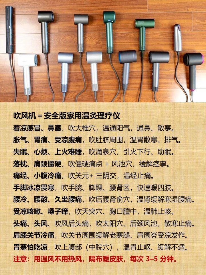 吹风机＝安全版家用温灸理疗仪 着凉感冒、鼻塞，吹大椎穴，温通阳气，通鼻、散寒。 胀气、胃痛、受凉腹痛，吹肚脐周围，温胃散寒、排气。 失眠、心烦 ...