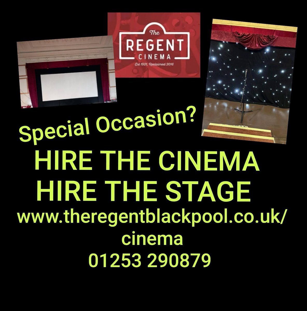 <a href="/regentcinemabp/">The Regent Independent Cinema</a> 🐦
Celebrate that special occasion.
Available now for private hire.

The Regent Cinema
Blackpool 
FY13NY
☎️ 01253 290879

theregentblackpool.co.uk/cinema 

#PrivateHire #TheRegentBlackpool #TheRegent #Blackpool  #TraditionalCinema #RegentCinemaBlackpool  #HireTheCinema