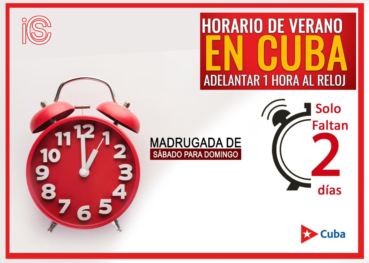 🕐En la madrugada del domingo 8 de marzo debemos adelantar una hora a nuestros relojes. De esta forma aprovecharemos al máximo la energía solar. 

#AhorroEnergético #SíAlAhorro

<a href="/OSDE_UNE/">Unión Eléctrica de Cuba</a> 
<a href="/HabanaOnure/">Onure La Habana</a>