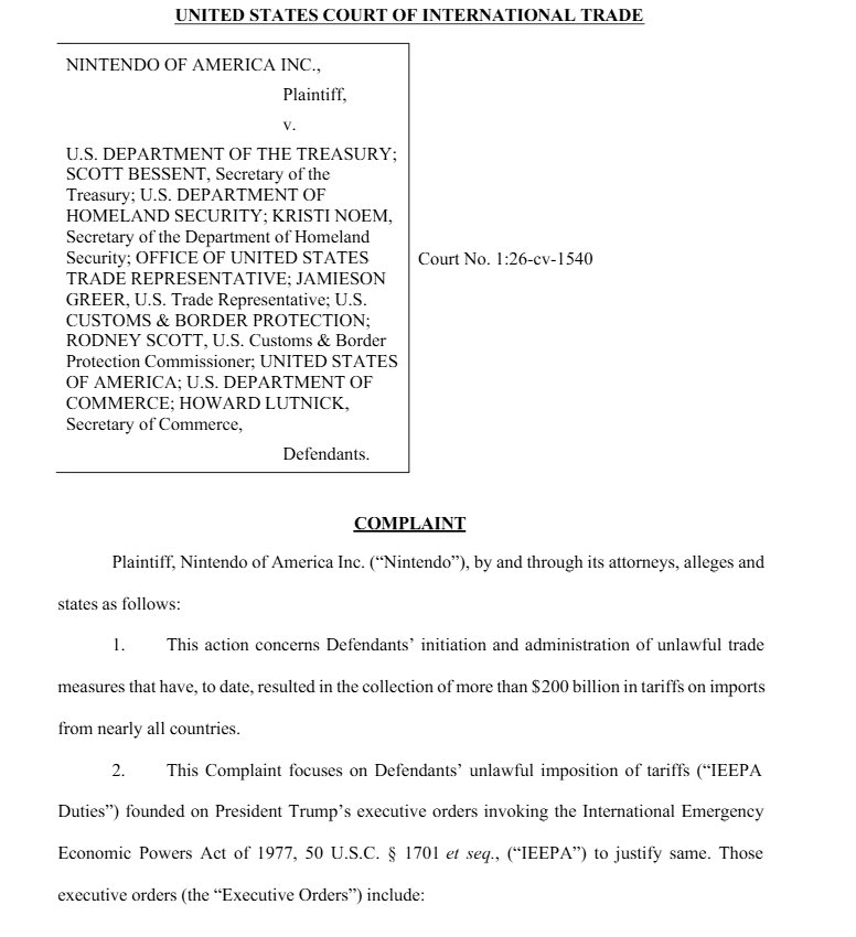 Nintendo está demandando al gobierno de los Estados Unidos