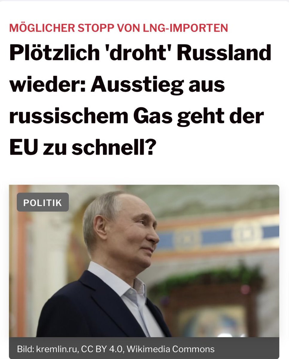 Wusstet ihr, dass die sanktionsgeile EU immer noch massenhaft russisches Gas nach Europa importieren lässt?

Russland erwägt, seine LNG-Lieferungen nach Europa vorzeitig einzustellen und würde damit lediglich das umsetzen, was die EU selbst beschlossen hat. Nur offenbar