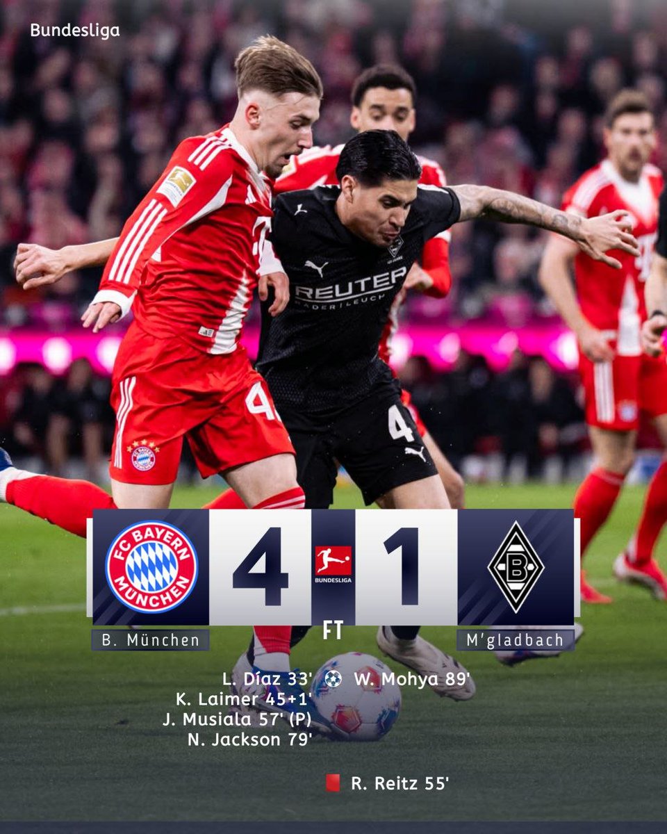 Scorelineofc's tweet photo. Dari 1-0 ke 4-1. Bayern bener-bener gak kasih napas buat Gladbach. Insiden kartu merah bener-bener ngerubah game. Gladbach kena mental, Bayern makin nyaman di puncak! 🚀 #BayernMunchen #Gladbach #BundesligaInsights #Reitz https://t.co/LI2Kro8W2k