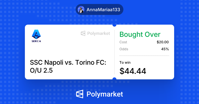 my bet was successful again!🔥

the match Napoli vs Torino FC ended with a 2-1 victory for Napoli.
it was a tense game with an unexpected ending.
my bet was that there would be 3 goals.⚽️
the third goal was scored in the final minutes of the match – very exciting!
thank you