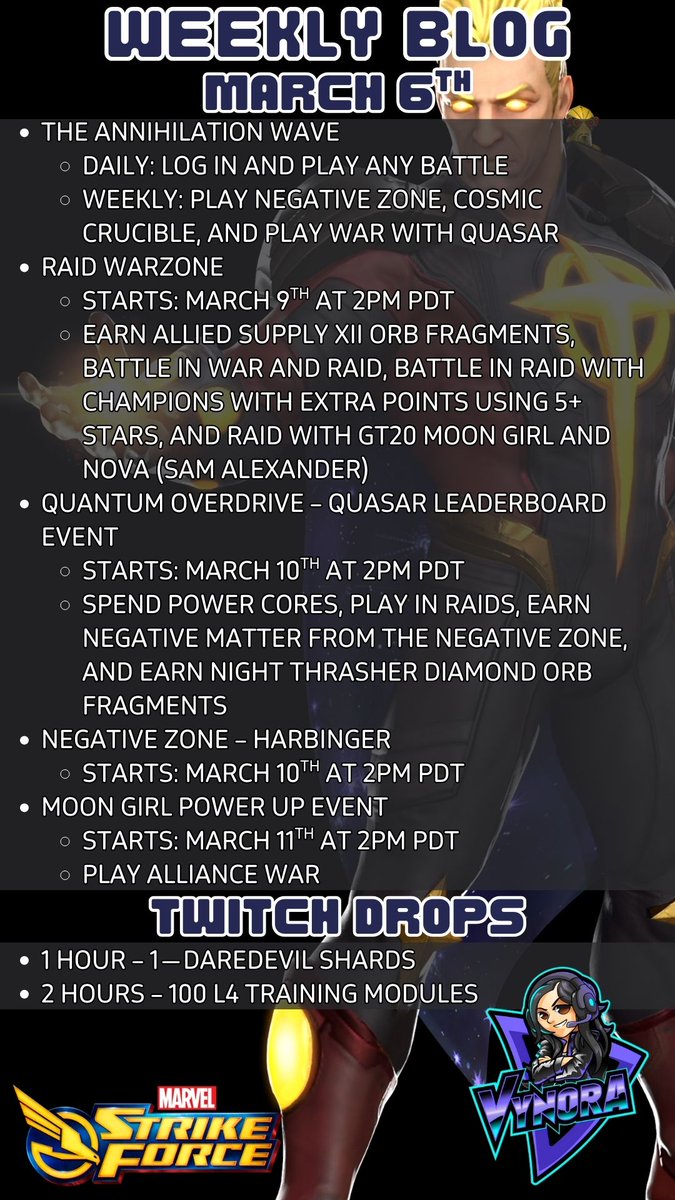 vynora897's tweet photo. Here are the events coming out next week in #MarvelStrikeForce #MSFEnvoyMember #ScopelyInfluencerSquad https://t.co/Cae0tTgh6Z
